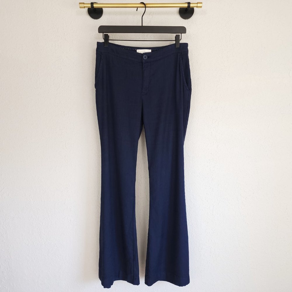 by Anthropologie 8 Navy Blue Linen Low-Rise Flare Pants